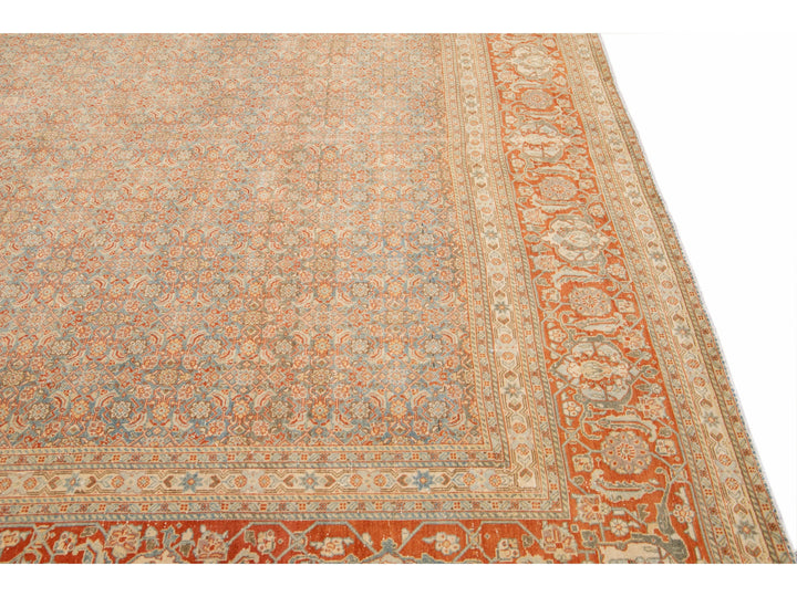 Antique Tabriz Handmade Allover Designed Blue And Rust Persian Wool Rug