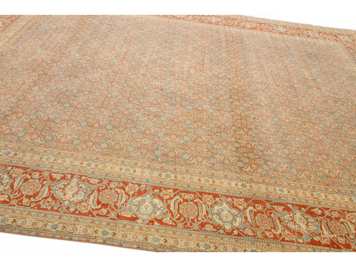 Antique Tabriz Handmade Allover Designed Blue And Rust Persian Wool Rug