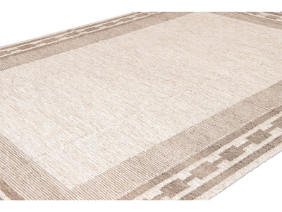 Contemporary Swedish Style Beige Handmade Room Size Designed Wool Rug