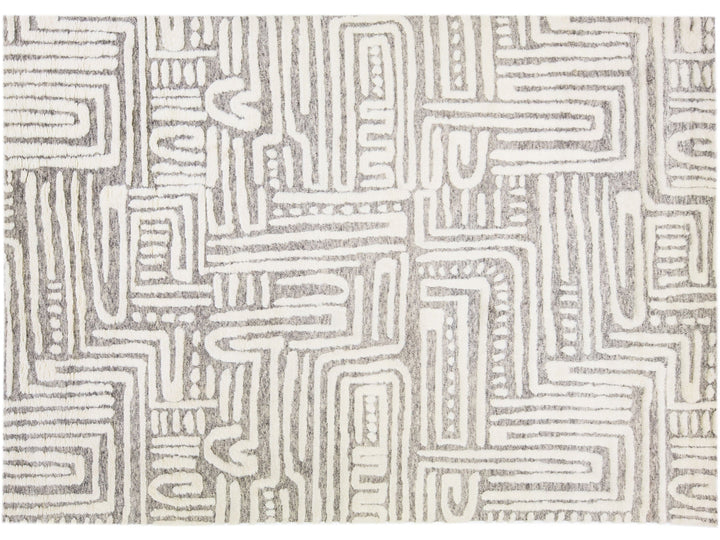 Light Grey Modern Moroccan Style Handmade Abstract Designed Wool Rug by Apadana