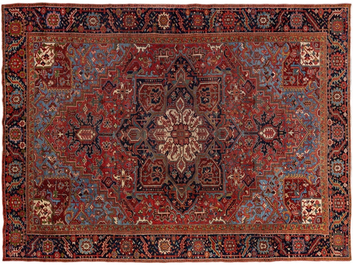 Red Antique Persian Heriz Handmade Medallion Designed Wool Rug