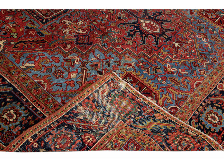 Red Antique Persian Heriz Handmade Medallion Designed Wool Rug