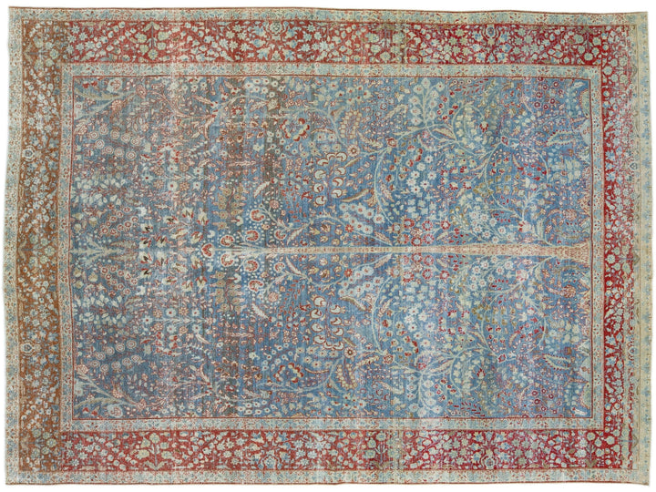 Antique Persian Tabriz Handmade Blue Wool Rug with Shah Abbasi Design