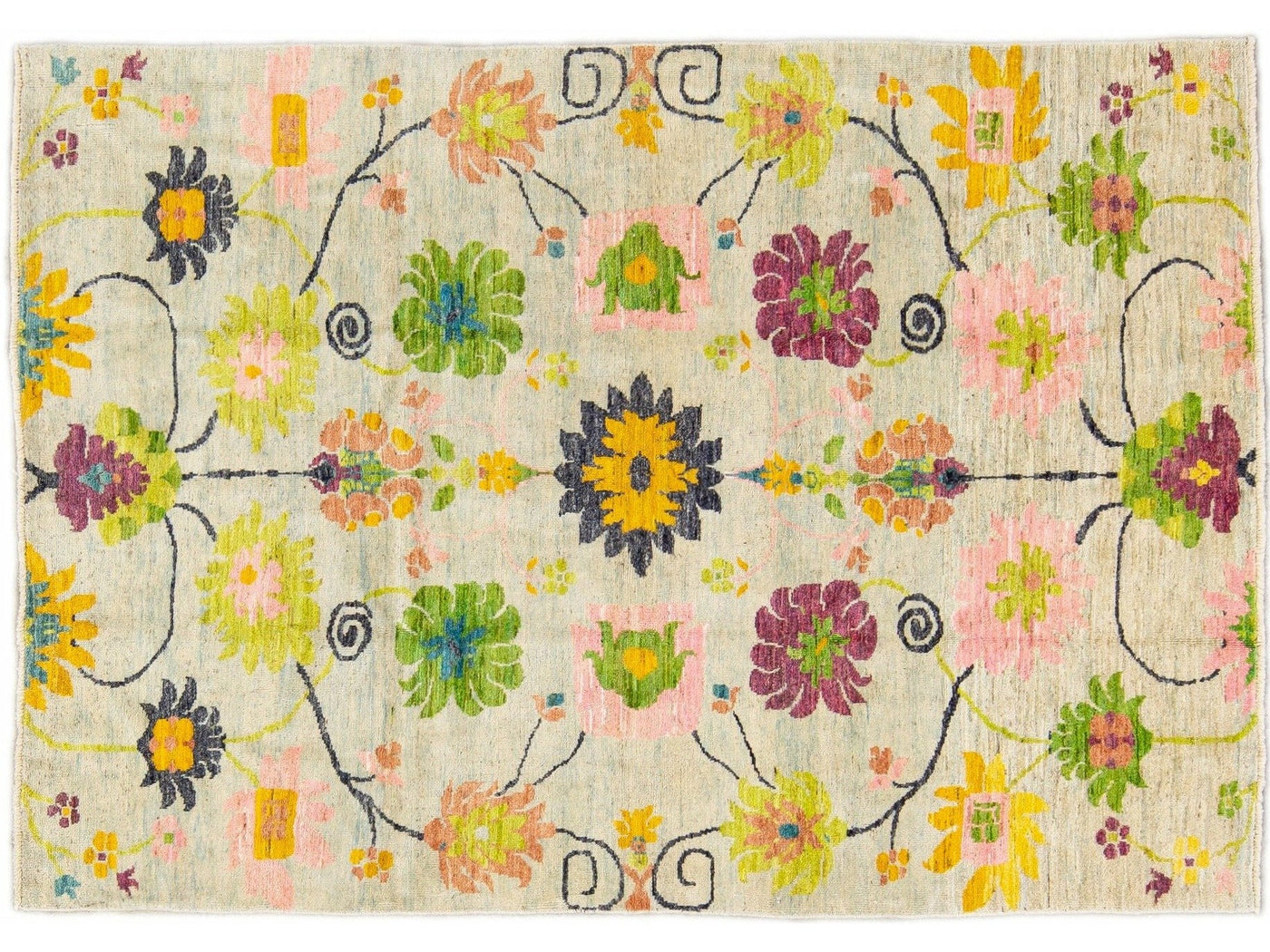 Modern Oushak Handmade Multicolor Floral Pattern Beige Wool Rug