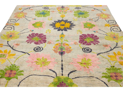 Modern Oushak Handmade Multicolor Floral Pattern Beige Wool Rug