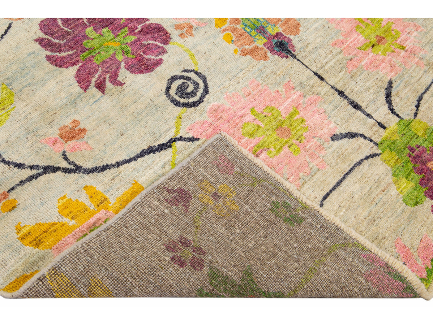 Modern Oushak Handmade Multicolor Floral Pattern Beige Wool Rug