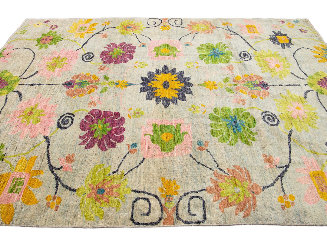Modern Oushak Handmade Multicolor Floral Pattern Beige Wool Rug
