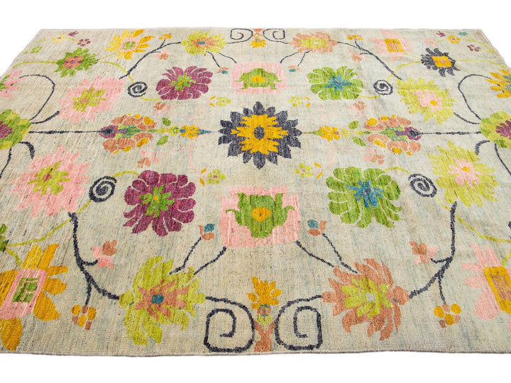Modern Oushak Handmade Multicolor Floral Pattern Beige Wool Rug