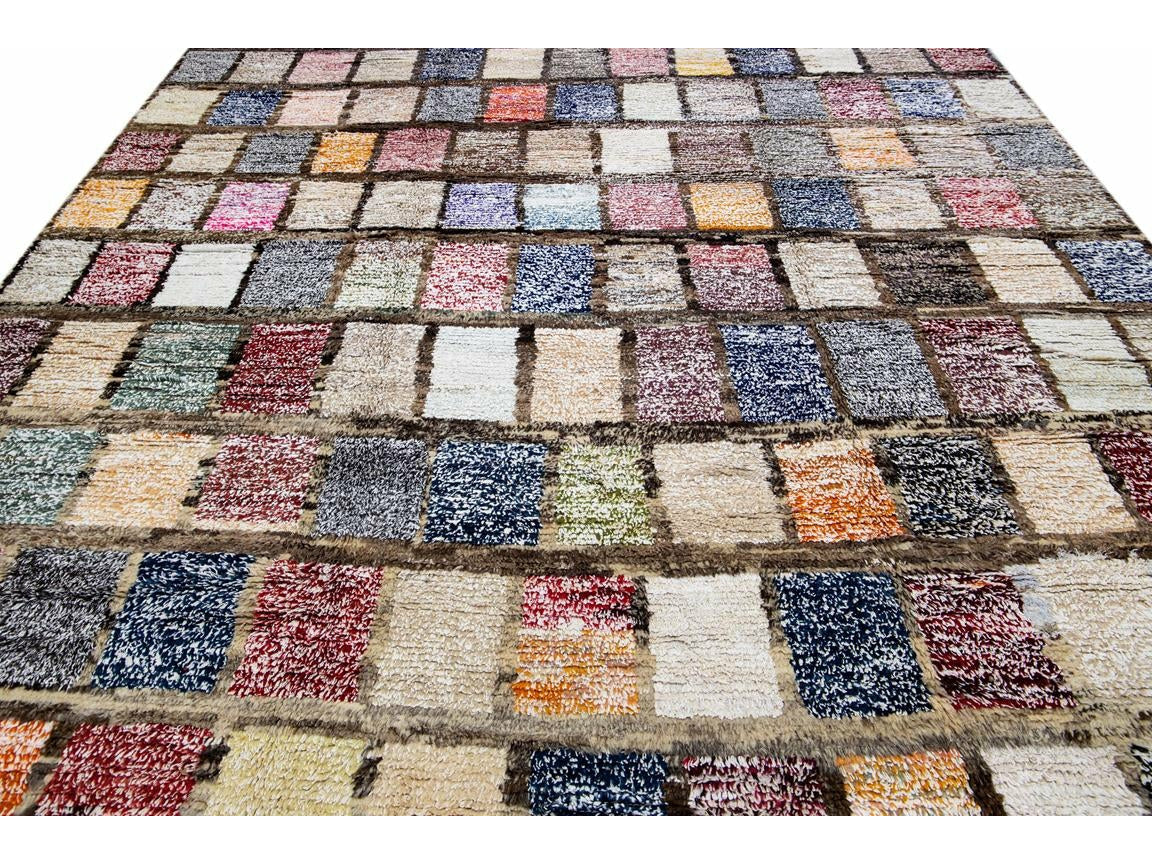 Brown Modern Turkish Tulu Handmade Multicolor Square Designed Pattern Wool Rug