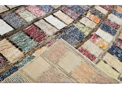 Brown Modern Turkish Tulu Handmade Multicolor Square Designed Pattern Wool Rug