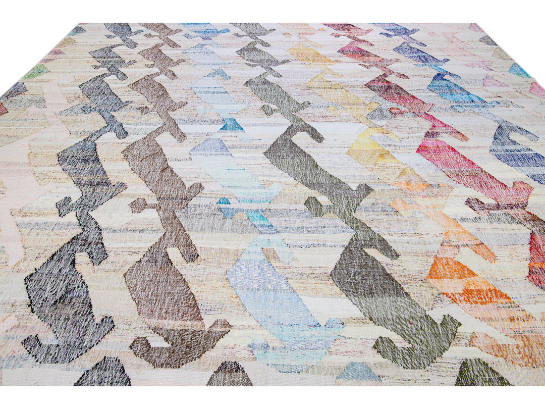 Vintage Turkish Kilim Flatweave Geometric Designed Beige Oversize Wool Rug