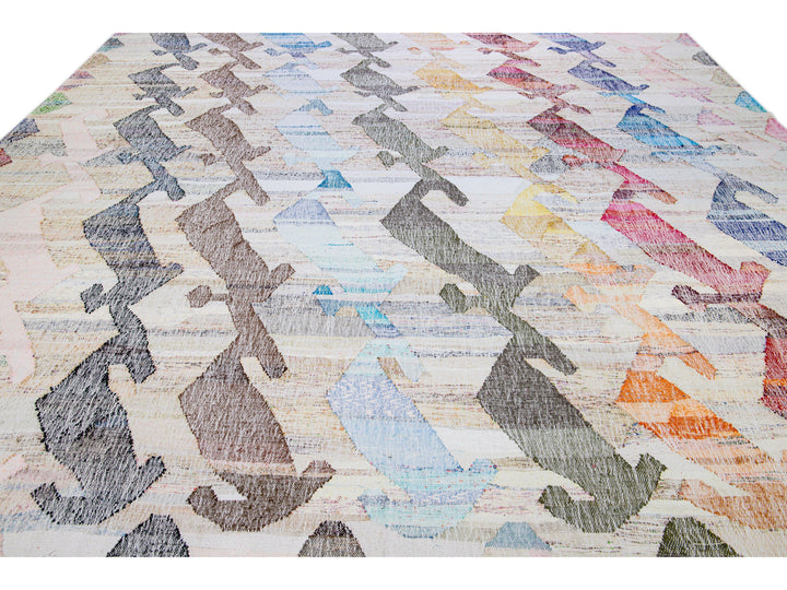 Vintage Turkish Kilim Flatweave Geometric Designed Beige Oversize Wool Rug