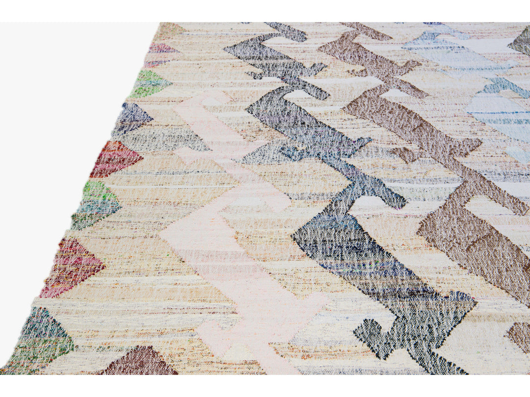 Vintage Turkish Kilim Flatweave Geometric Designed Beige Oversize Wool Rug