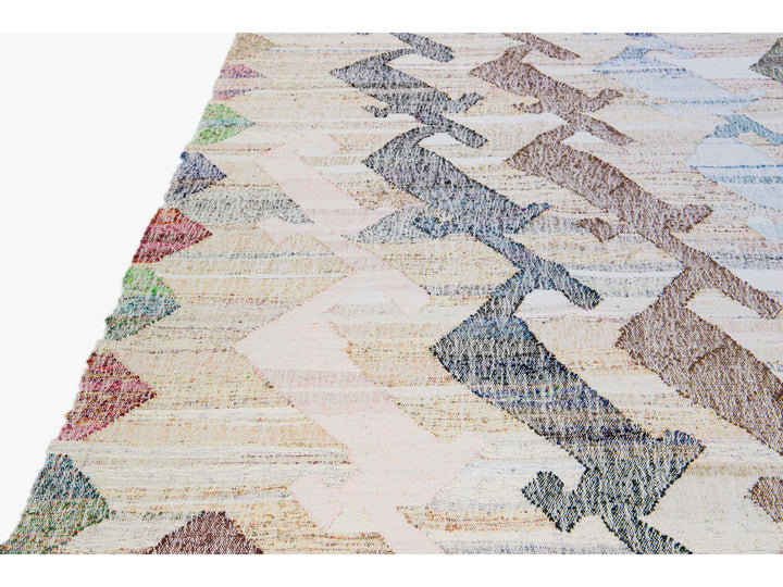 Vintage Turkish Kilim Flatweave Geometric Designed Beige Oversize Wool Rug