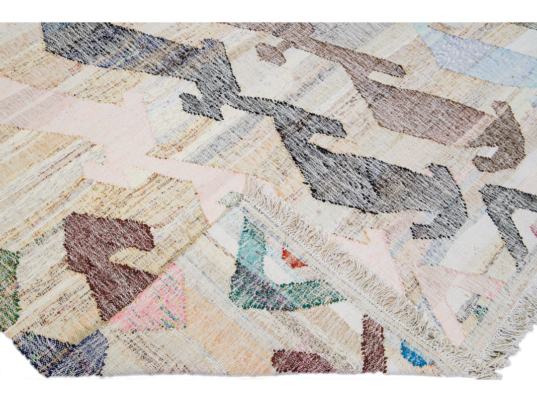 Vintage Turkish Kilim Flatweave Geometric Designed Beige Oversize Wool Rug