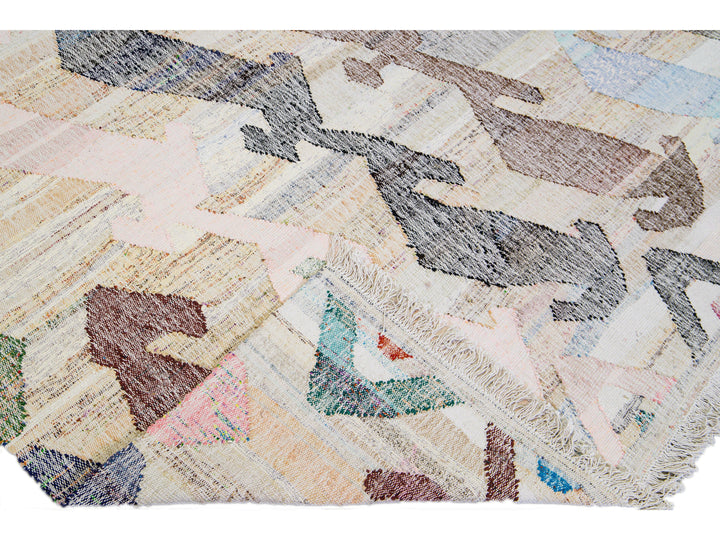 Vintage Turkish Kilim Flatweave Geometric Designed Beige Oversize Wool Rug