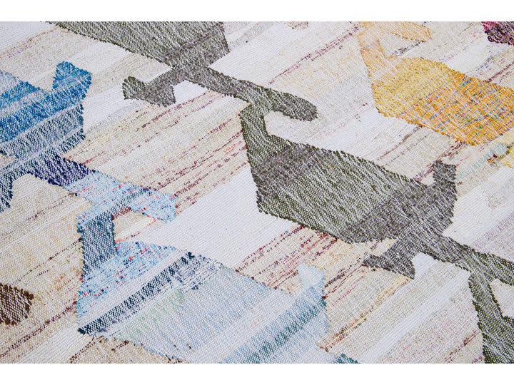 Vintage Turkish Kilim Flatweave Geometric Designed Beige Oversize Wool Rug