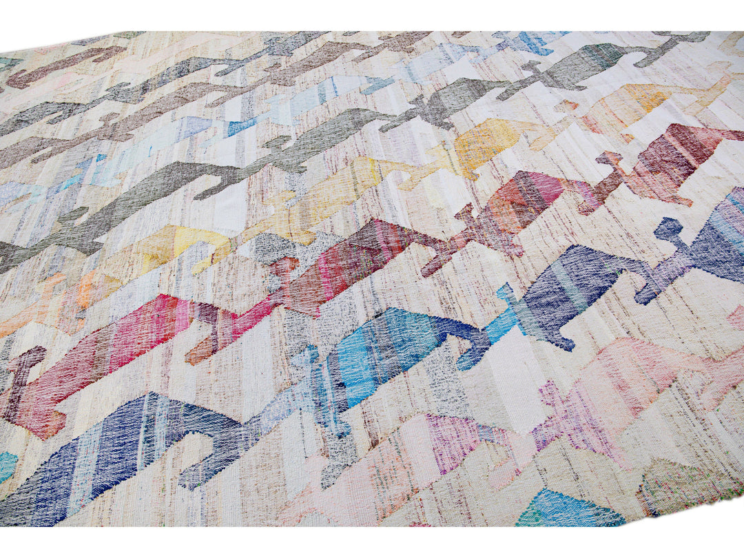 Vintage Turkish Kilim Flatweave Geometric Designed Beige Oversize Wool Rug