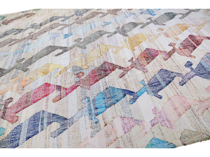 Vintage Turkish Kilim Flatweave Geometric Designed Beige Oversize Wool Rug