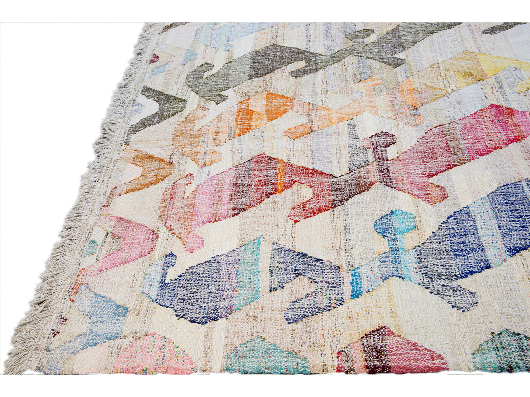 Vintage Turkish Kilim Flatweave Geometric Designed Beige Oversize Wool Rug