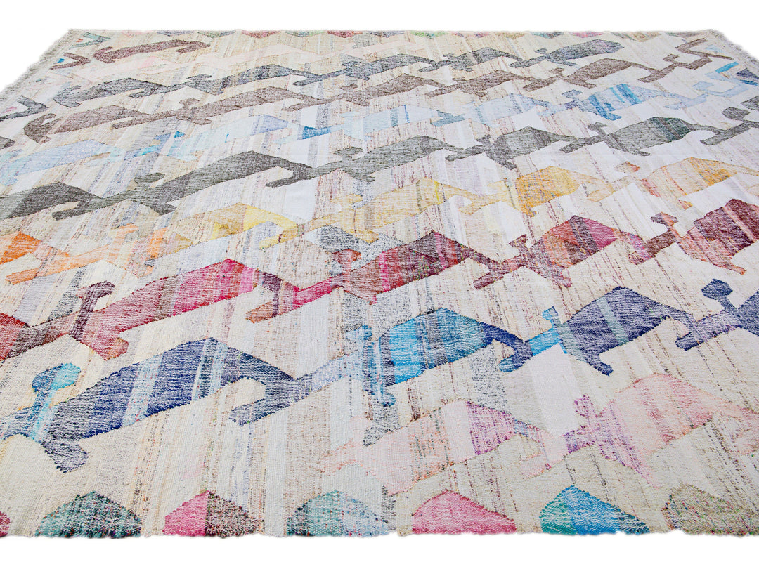 Vintage Turkish Kilim Flatweave Geometric Designed Beige Oversize Wool Rug