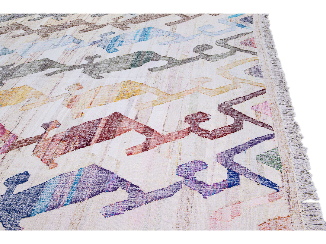 Vintage Turkish Kilim Flatweave Geometric Designed Beige Oversize Wool Rug