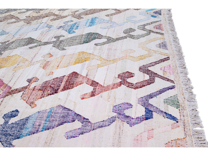 Vintage Turkish Kilim Flatweave Geometric Designed Beige Oversize Wool Rug