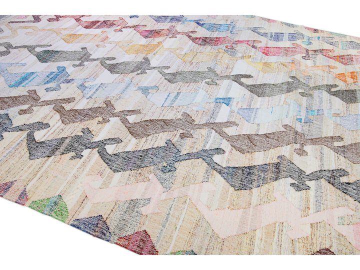 Vintage Turkish Kilim Flatweave Geometric Designed Beige Oversize Wool Rug