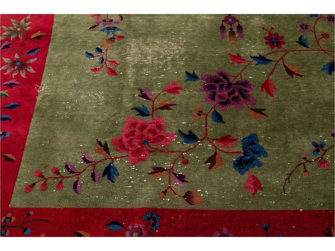 Antique Green Art Deco Chinese Wool Rug 9 X 11