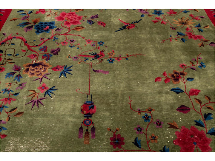 Antique Green Art Deco Chinese Wool Rug 9 X 11