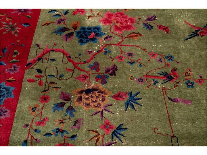 Antique Green Art Deco Chinese Wool Rug 9 X 11