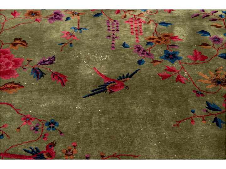Antique Green Art Deco Chinese Wool Rug 9 X 11