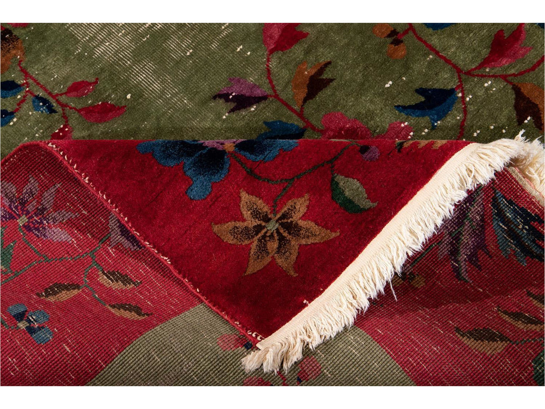 Antique Green Art Deco Chinese Wool Rug 9 X 11