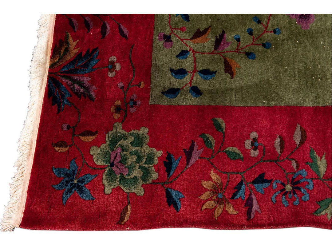 Antique Green Art Deco Chinese Wool Rug 9 X 11