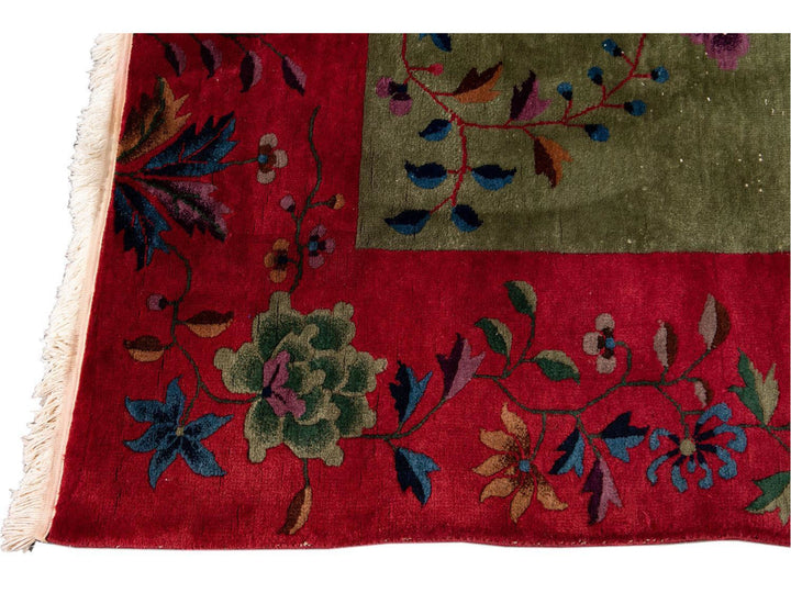 Antique Green Art Deco Chinese Wool Rug 9 X 11