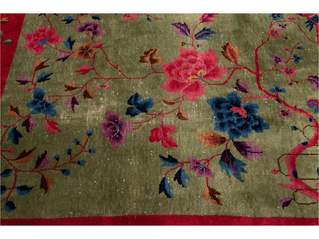 Antique Green Art Deco Chinese Wool Rug 9 X 11