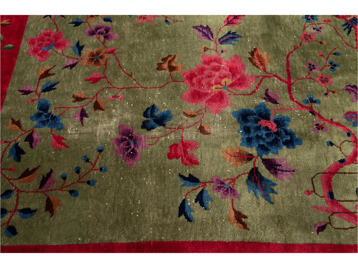Antique Green Art Deco Chinese Wool Rug 9 X 11