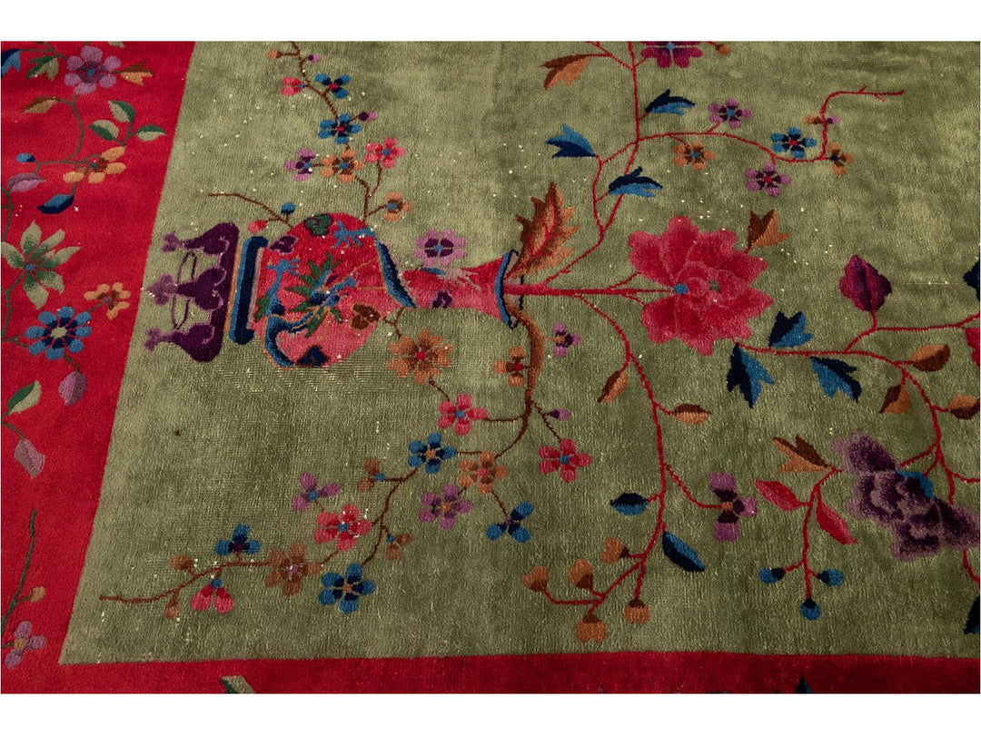 Antique Green Art Deco Chinese Wool Rug 9 X 11