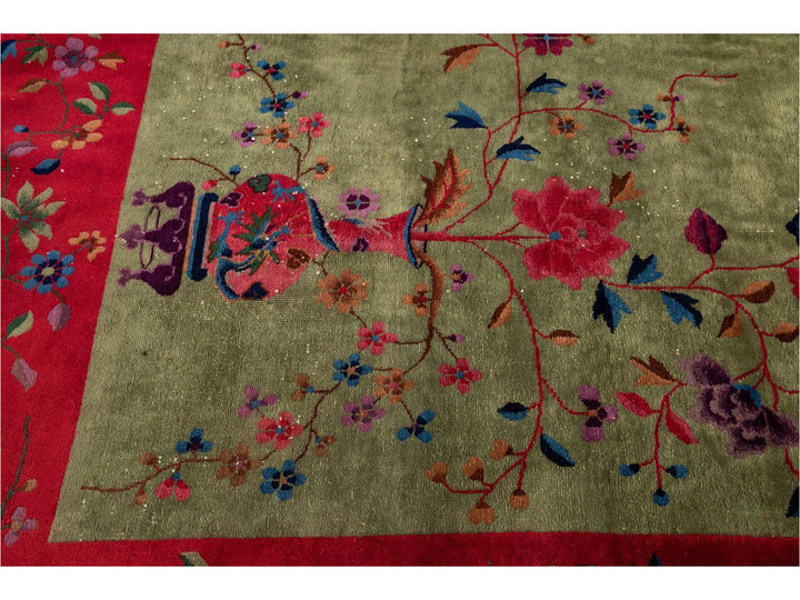 Antique Green Art Deco Chinese Wool Rug 9 X 11