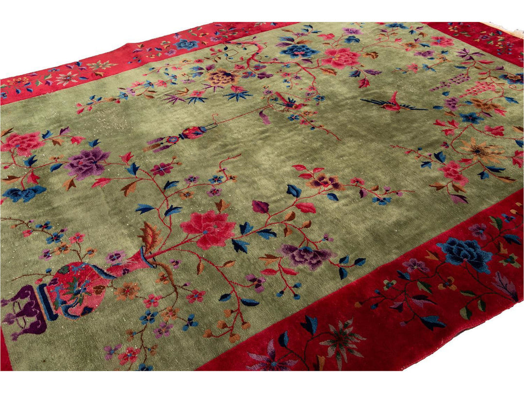 Antique Green Art Deco Chinese Wool Rug 9 X 11