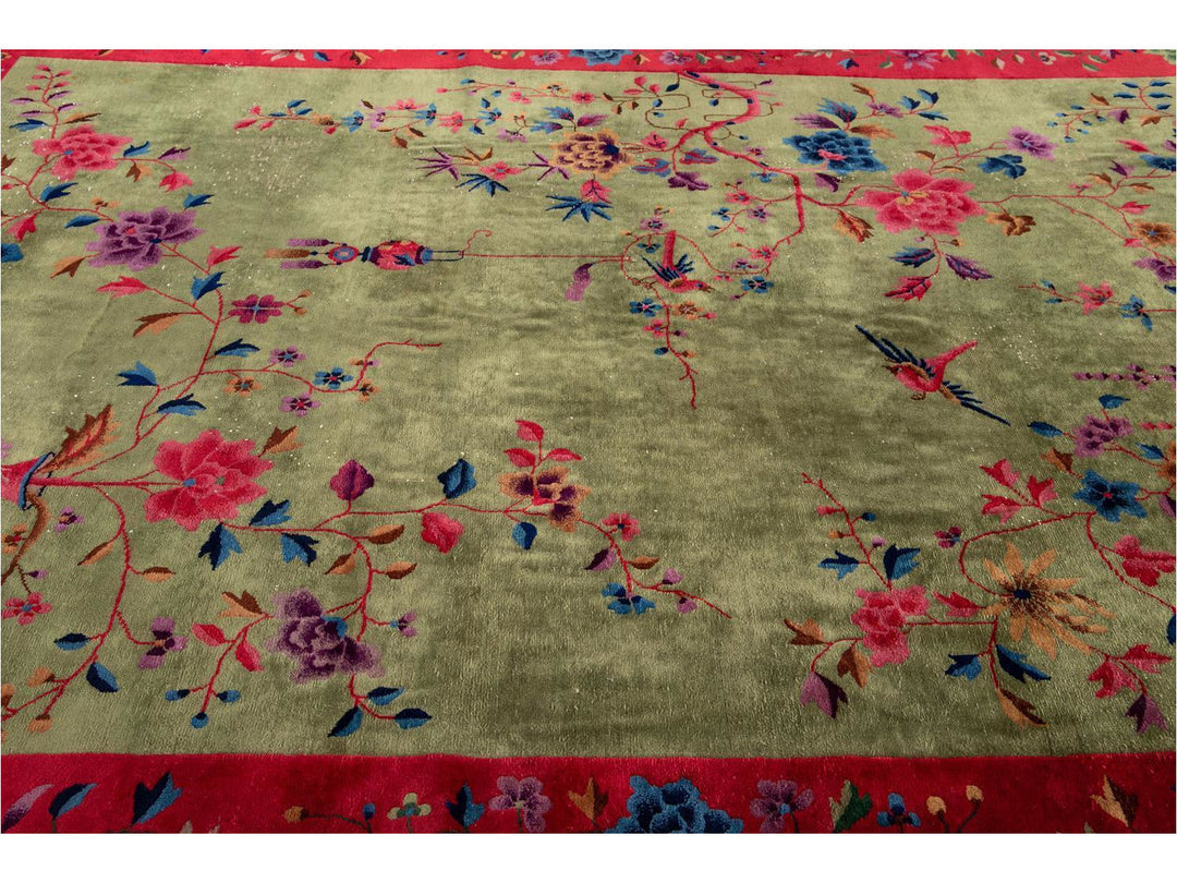 Antique Green Art Deco Chinese Wool Rug 9 X 11