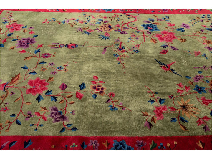 Antique Green Art Deco Chinese Wool Rug 9 X 11