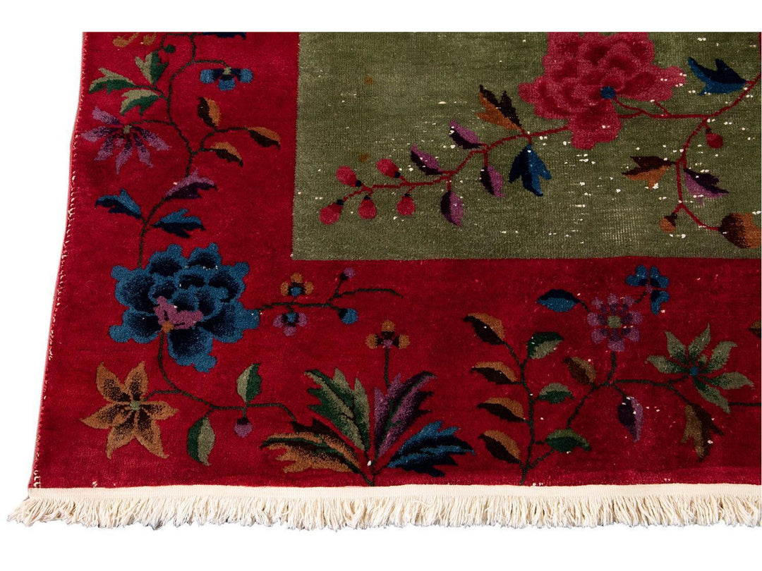 Antique Green Art Deco Chinese Wool Rug 9 X 11