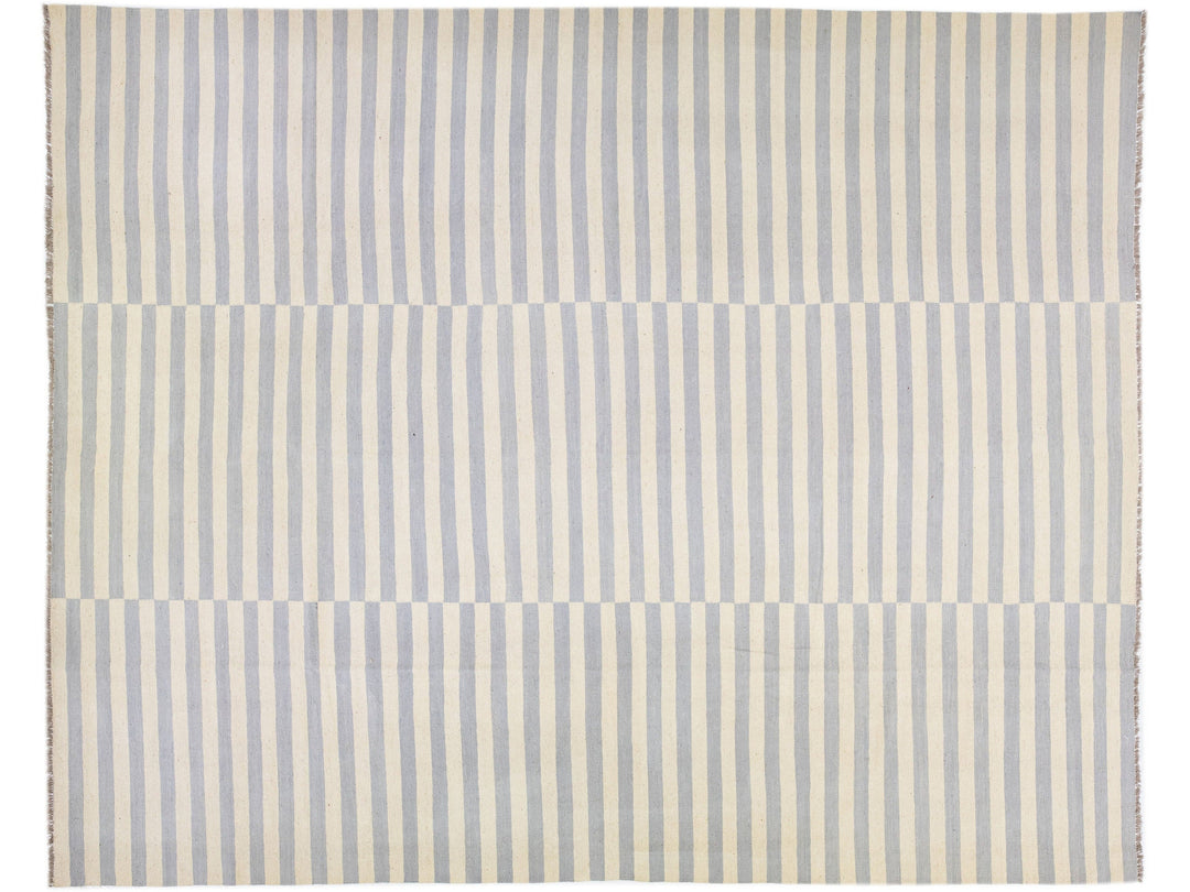 Modern Kilim Beige Flat-Weave Allover Stripe Wool Rug