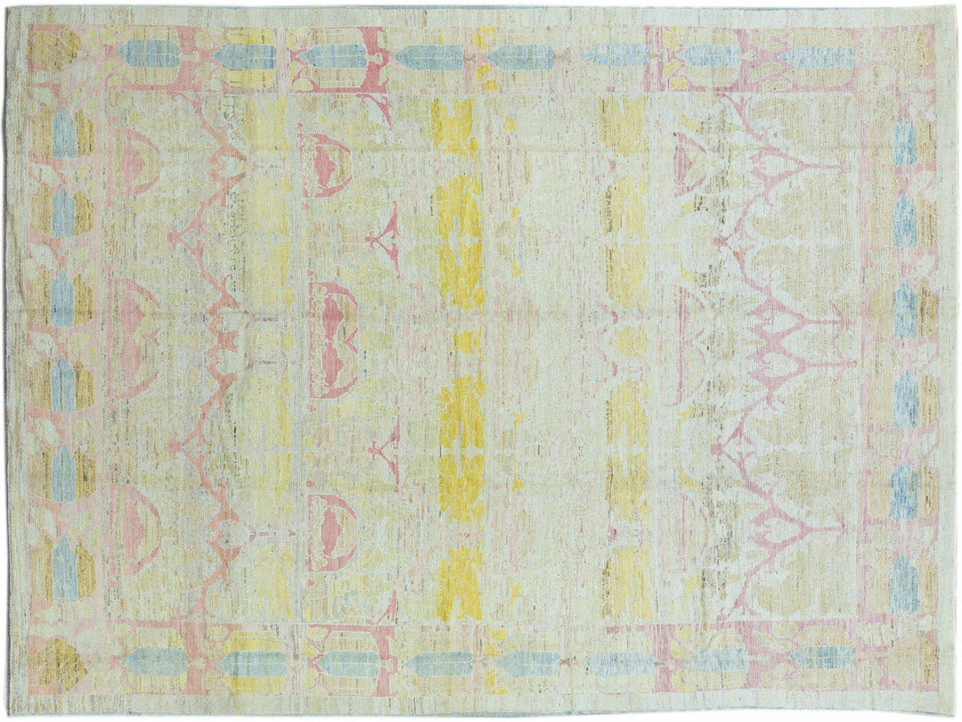 Modern Oushak Yellow Handmade Geometric Designed Pattern Oversize Wool Rug