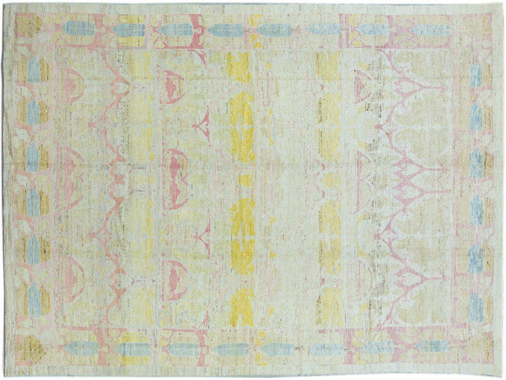 Modern Oushak Yellow Handmade Geometric Designed Pattern Oversize Wool Rug