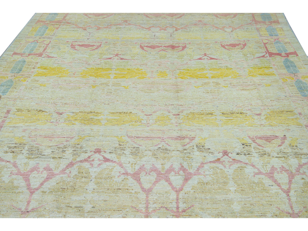Modern Oushak Yellow Handmade Geometric Designed Pattern Oversize Wool Rug