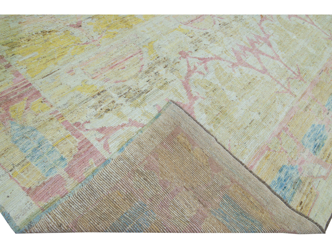 Modern Oushak Yellow Handmade Geometric Designed Pattern Oversize Wool Rug'