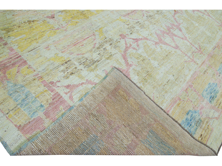 Modern Oushak Yellow Handmade Geometric Designed Pattern Oversize Wool Rug'