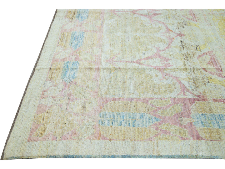 Modern Oushak Yellow Handmade Geometric Designed Pattern Oversize Wool Rug